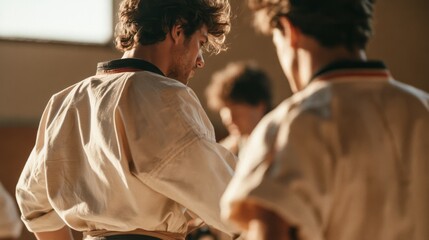 Fototapeta premium Two Men in Martial Arts Uniforms in a Dojo