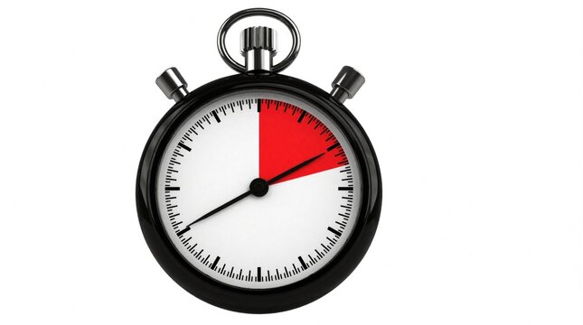 Classic stopwatch with red segment indicating elapsed time. Device measures short durations. Manual timer shows progress on white background.