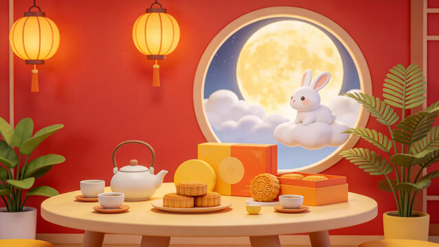 Mid - Autumn scene with rabbit and tea set