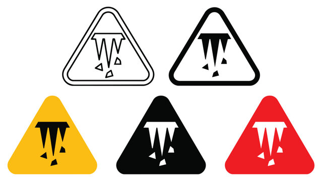 Set of falling icicles hazard warning triangular safety signs in various styles with triangle collection pictogram silhouette industrial standard