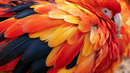 Obraz premium Artistic close up of layered red, orange, yellow, and black feathers arranged against a subtle neutral background, delicate feather edges and rich color transitions emphasized, respectful visual con