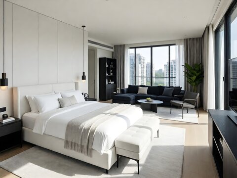 Modern Minimalist Luxury Bedroom Suite With City View Interior Design