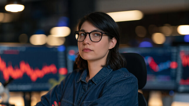 Focused Analyst at Work: A woman with glasses and a serious expression, seated in front of multiple computer screens displaying stock market data, intently focused on her work.