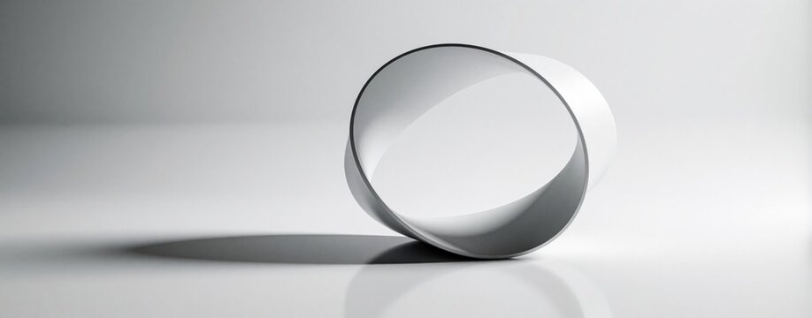 Minimalist Mobius strip shape isolated on white background. Infinite loop creates optical illusion, a smooth white band with clean lines and soft shadow.