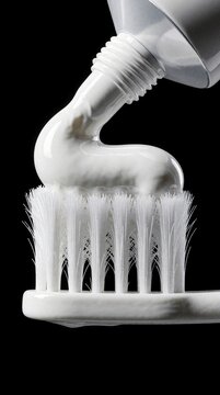 White toothpaste squeezed onto toothbrush bristles. Close up macro shot of dental paste on plastic brush head. Oral hygiene routine concept with clean cream texture on black background. Fresh dental