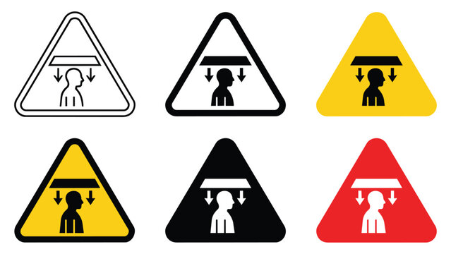 Set of overhead head injury hazard warning signs for industrial safety with overhead triangle pictogram construction workplace industrial