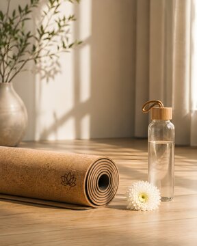 Yoga mat, reusable water bottle, and flower arranged in a bright peaceful interior, representing wellness, fitness, and healthy lifestyle.
