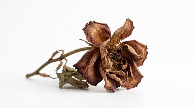 A withered and completely dried rose against a white background