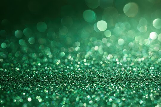 Vibrant green glitter scene with sparkles, warm lens flare, and smooth bokeh circles