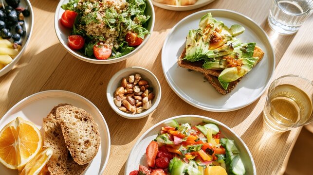 Vibrant healthy food spread viewed from above with white space for headlines