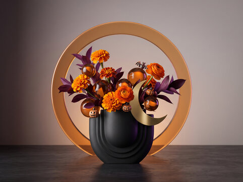 Autumnal floral arrangement with orange ranunculus flowers and dark foliage in a black vase, adorned with a crescent moon accent.