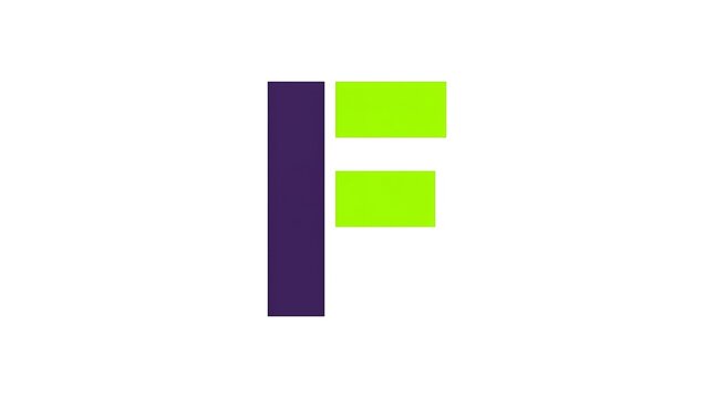 Minimalist letter F logo icon, geometric purple and lime green initial emblem, modern corporate branding mark on white background
