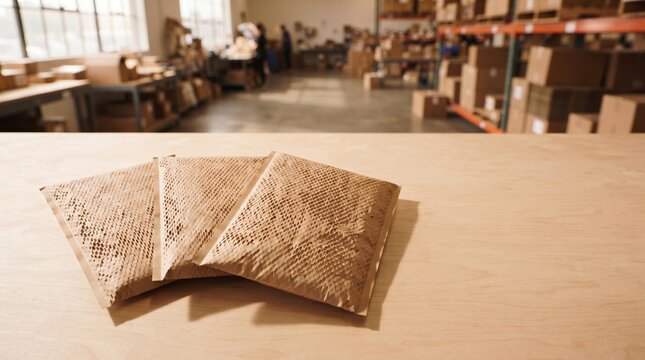 In a bustling warehouse, neatly stacked boxes fill the space, while three packages are prominently displayed on a wooden surface, awaiting shipment. Sunlight streams through large windows.
