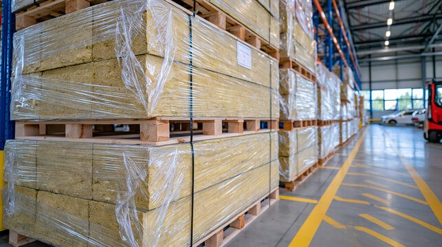 Perspective view down a bright warehouse aisle lined with tall stacks of pale yellow mineral wool insulation boards on wooden pallets, each stack protected by transparent shrink wrap, strong forklif
