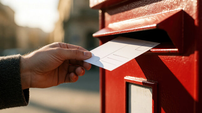 Hand inserts blank postcard into classic red postbox on sunny urban street. Receiving mail, sending greetings, personal connection, postal service, communication.