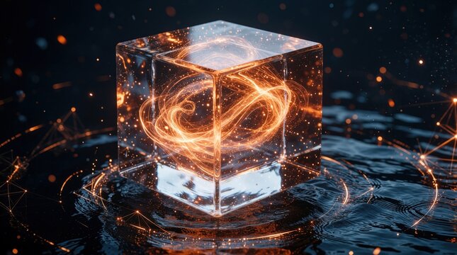 Glowing transparent cube with orange energy particles floats above dark water. Sparks and light trails surround the object in a cosmic digital art scene. Futuristic abstract concept.