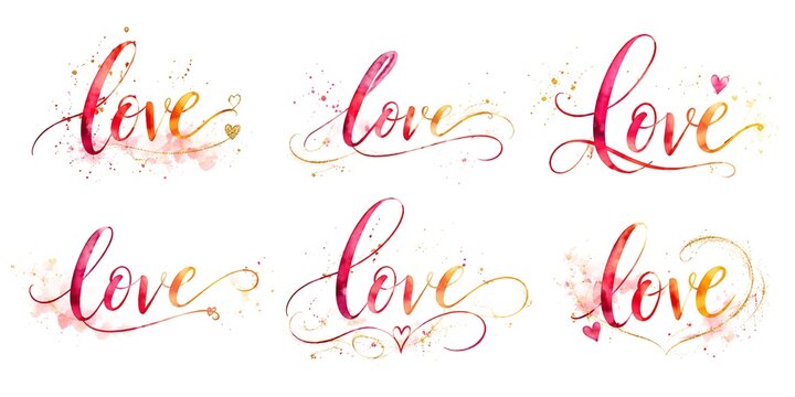 Watercolor love calligraphy set, pink and gold script lettering collection, romantic hand-drawn typography for wedding invitations and Valentine cards