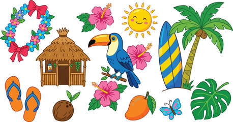 Fototapeta premium Tropical Summer Vacation Collection with Tiki Hut, Toucan, Surfboard, Palm Tree, Hibiscus Flowers, Coconut, Mango, Butterfly, and Sun