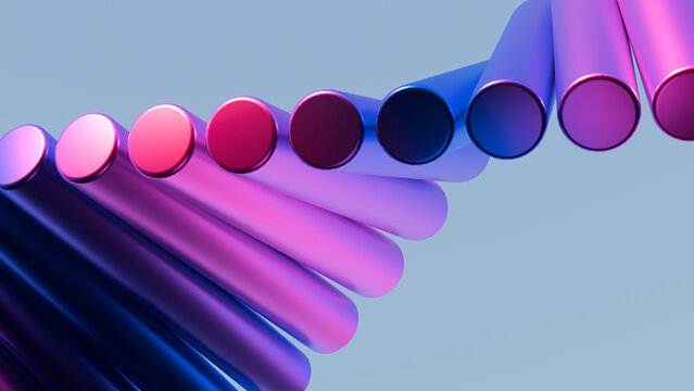Abstract 3D vibrant gradient metallic cylinders in a spiral twist. Ideal for futuristic technology backdrops, digital covers, and creative branding layouts