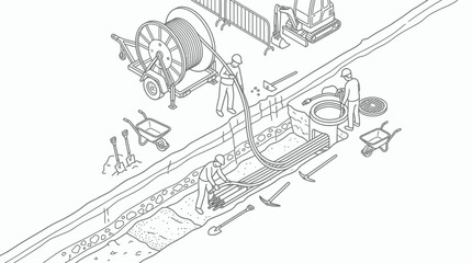 Fototapeta premium Isometric Line Art Fiber Optic Cable Installation Construction Site