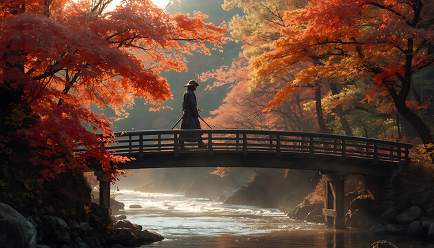 Samurai figure walking across a traditional wooden bridge in an autumn forest with japanese garden fall season red leaves maple trees traditional clothing asian culture martial arts historical