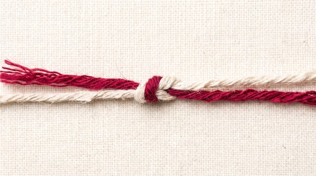Red and White Threads Tied Together in a Single Knot on Natural Linen Fabric
