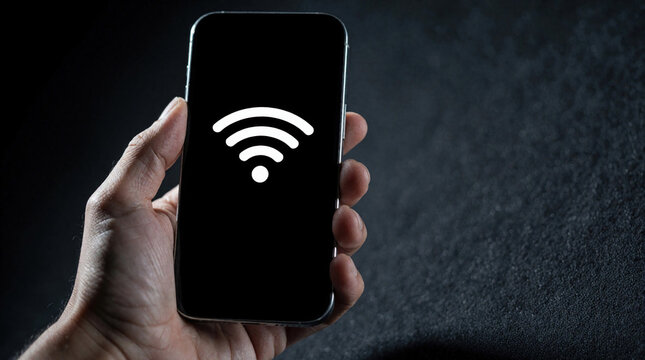 Hand holds smartphone showing no Wi-Fi signal icon on black screen. Concept of lost internet connection or mobile data outage, no wireless service.