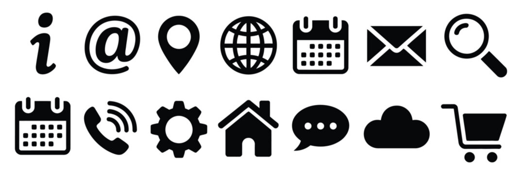 Website communication icons featuring contact methods, email, phone, chat support, user interface symbols, and digital platform graphics, vector, designs