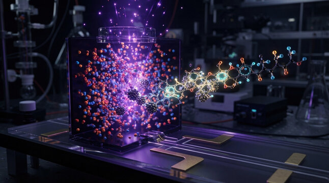 Violet light reaction chamber where molecules swarm, catalysts guide selectivity, and one product path crystallizes into a glowing structure.