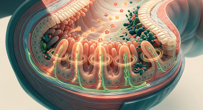 Digestive system cross-section with nutrient absorption, gut microbiome colonies, and dna-linked biomarker rings for personalized nutrition.