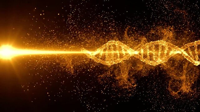 Glowing golden dna double helix structure emerging from a bright light beam against a dark background