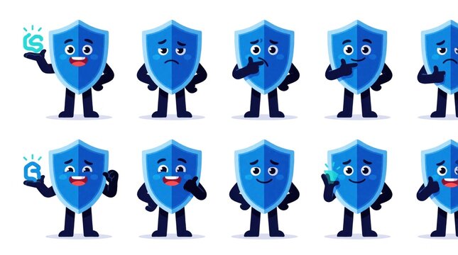 Cute shield characters display various emotions like happiness, sadness, thinking, confidence. Hold security symbols, gesture with hands, representing digital safety, data protection concepts in fun