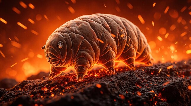 Macro shot of tiny water bear tardigrade crawling on hot volcanic rock. Microscopic animal survives near glowing molten lava with flying orange sparks. Extreme heat environment shows resilient