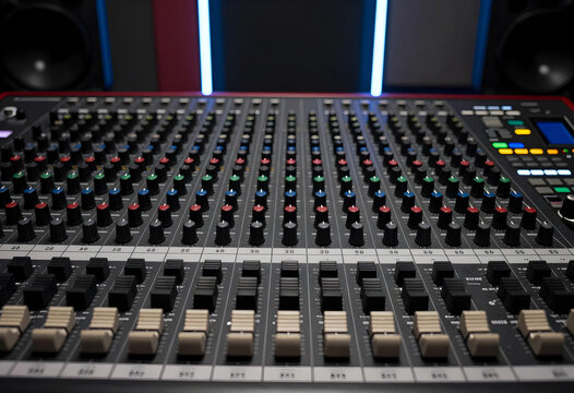 Music production and audio engineering, professional mixing console with faders and knobs in a recording studio for sound recording and broadcast