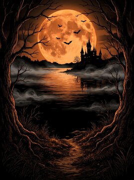 Spooky Halloween Haunted Castle by Lake Under Glowing Full Orange Moon Vector Background Illustration