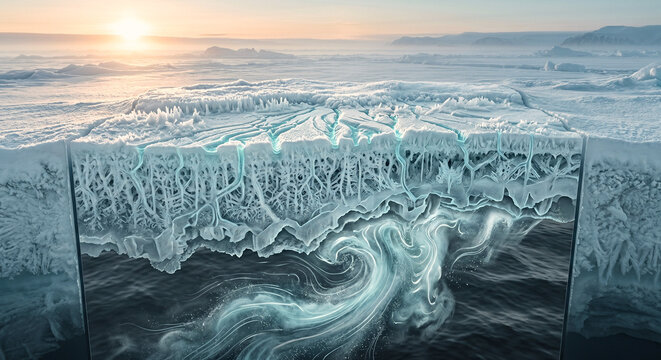 Arctic sea ice cutaway with injected seawater, brine channels, frost columns, porous crystals, and an under ice pumping plume.