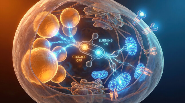 Adipose cell cutaway showing a metabolic switch from fat storage to fat burning with shrinking lipid droplets and glowing mitochondria.