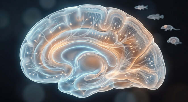 developing brain hemisphere with cortical layers, axon tracts, migrating neurons, and comparative vertebrate silhouettes