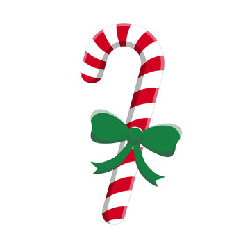 Red and white
striped Christmas candy cane with a green ribbon bow
isolated on white background. Festive Xmas peppermint stick vector illustration for holiday decor.