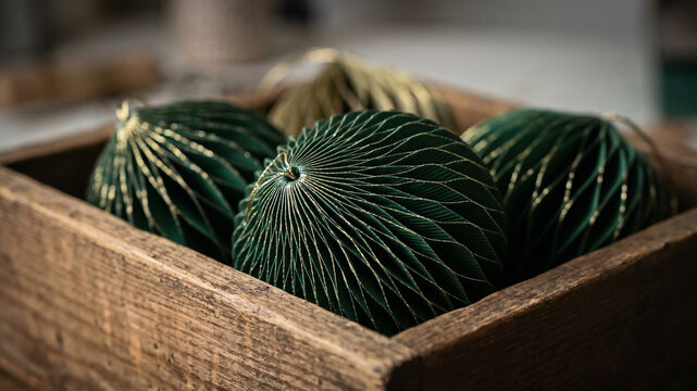 Elegant green and gold paper Christmas ornaments in a rustic wooden box. Festive holiday decorations with a cozy and luxurious seasonal feel. Selective focus. 