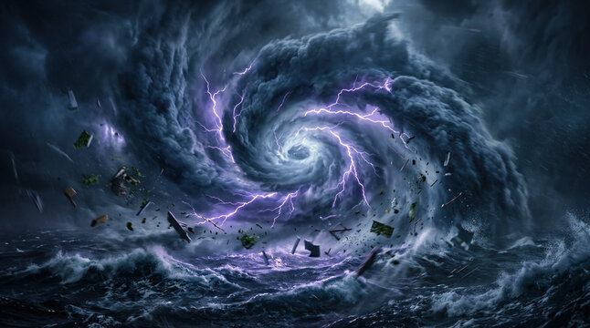 Colossal tropical cyclone over a dark ocean with lightning, towering cloud walls, whitecaps, and wind-driven debris.