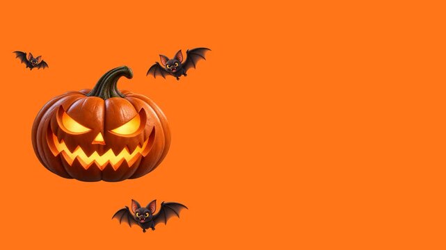Slowly pulsing Halloween pumpkin and flying bats on the left side with generous copy space on the right, suitable for seasonal promotions, titles, and festive video backgrounds.
