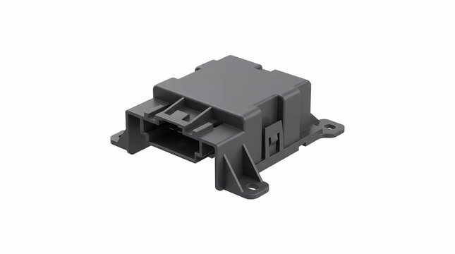Grey plastic automotive electronic control unit isolated on white background showing internal engine components for modern vehicle diagnostic repair work