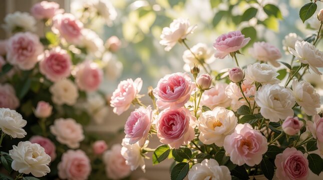 Pink and white roses bloom in soft natural light. Gentle floral arrangement creates peaceful ambiance. Perfect for greeting cards or wedding invitations.