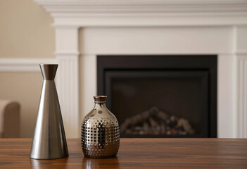 Obraz premium Interior design and home decor, modern metal vases on a wooden table in a cozy living room with a fireplace background for lifestyle and real estate