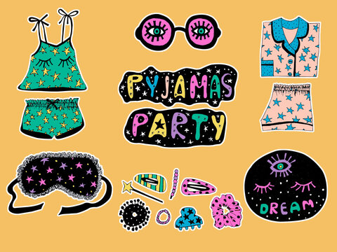 Girly sticker set hand drawn colorful doodles with pajamas, sleep masks, hair clips and lettering, playful design perfect for cozy decor, fashion accessories, and cheerful digital prints