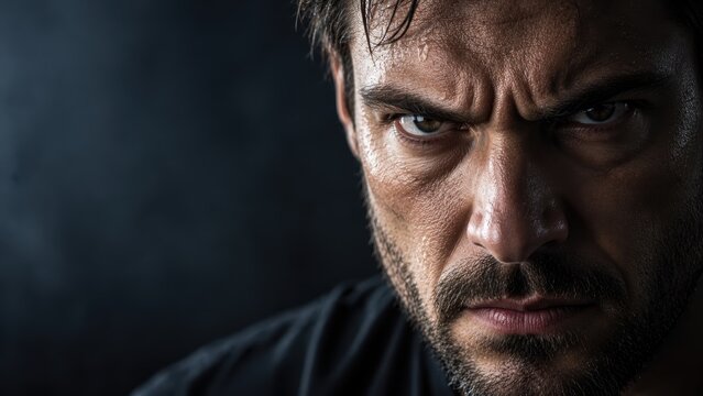 Close-up portrait of an intense, angry, and sweating man with a fierce expression on a dark background