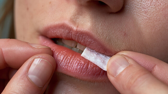 Nicotine Pouch Placement: A close-up shot of a person carefully placing a small, white nicotine pouch between their lip and gum, highlighting the act of discreet consumption.