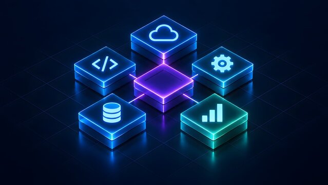Isometric glowing neon technology network with software development coding cloud and analytics modules on dark digital grid.