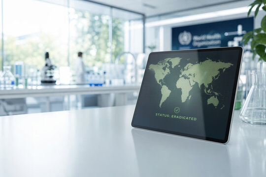 Tablet displaying world map with STATUS: ERADICATED message in medical research laboratory highlighting disease eradication WHO public health milestone global health surveillance biosecurity
